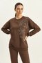 Women's Crew Neck Floral Bead Embroidered Relaxed Brown Sweatshirt - 5