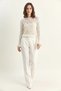 Women's Openwork Crew Neck Flounce Sleeves Lightweight Flowy Knitwear Ecru Sweater - 3