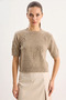 Women's Floral Motif Embossed Embroidery Detailed Short Sleeve Knitwear Dark Beige Sweater - 6