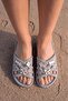 Women's Light Gray Knitted Textured Summer Beach Slippers with Bow and Charm - 2
