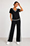 Women's V-Neck Short Sleeve Stripe Detailed Blouse and Trousers Two-Piece Set