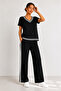 Women's V-Neck Short Sleeve Stripe Detailed Blouse and Trousers Two-Piece Set - 4