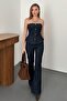 Navy blue strapless blouse and jeans set - 3