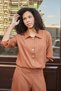 Women's Premium Fabric Raglan Sleeve Skirt and Capri Three-Quarter Sleeve Shirt with Elastic Sleeves - Tan - 3