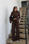 Brown Back-Tie Padded Blouse and Trousers Set - 5165 - 3