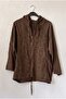 Brown Hooded Raglan Sleeve Zippered Pocketed Belted Embroidered Cotton Woven Jacket 66 60 - 2