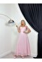 Women's Pink Maxi Dress with Strap Tie, Square Neck, Embroidered A-Line - 2