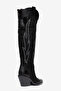Black Matte Suede Embroidery Detail Knee-High Western Cowboy Boots - 3