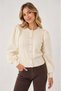 Women's Beige Buttoned Knitwear Blouse Poplin Long Ribbed Balloon Sleeves Openwork High Neck Waist Length Stylish Cardigan