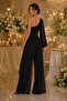 Women's Single Tulle Sleeve Draped Chiffon Fabric Lined Black Evening Dress Jumpsuit 1336 - 6