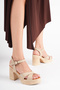 Women's Genuine Leather Platform Heeled Sandals - Beige - 2