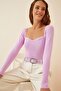 Women's Lilac Heart Collar Ribbed Knit Sweater US00738