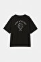 Siyah %100 Pamuk Sırt Baskılı Oversize Kesim Bisiklet Yaka Örme T-Shirt TBBSS24BF00025 - 8