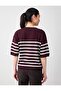 Burgundy Crew Neck Elbow Sleeve Striped Knitwear Blouse - 4