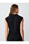 Black Straight Cut V-Neck Line Pattern Knitted Blouse - 7