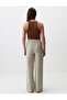 Beige Melange Wide Leg Linen Trousers with Elastic Waist - 6