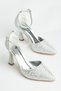 Women's Silver Semi-Closed Pearl Motif High Heel Stiletto - 2