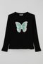 Girls' Long Sleeve T-Shirt with Sequin Embroidery and Butterfly Appliqué, Ages 9-14, Black - 5