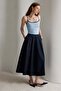 4913 Women's Elastic Waist Pleated Draped Midi Denim Skirt Navy Blue