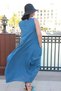 Women's Blue Boat Neck Skirt Flounce Long Dress - 2