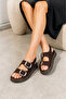 Women's Brown Double-Strapped Buckle Thick Orthopedic Sole Daily Sandals with Elastic Back Vdz02015 - 4