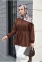 Belted Elastic Sleeves, Buttoned Front, Folded Detail Poplin Shirt - Brown - 3