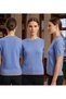 Women's Turquoise Short-Sleeved Striped Shiny Stylish Summer Sweater - 2