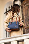 Navy Blue Tan Women's Long Strap 4-Compartment Simple and Stylish Shoulder and Hand Bag with Gold Accessories