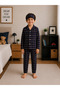 Boy's Cotton Suede Fabric Navy Blue Plaid Patterned Shirt Collar Button-Down Winter Pajama Set