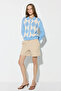 Baklava Patterned Polo Collar Knitwear Cotton Cardigan - Blue - 4