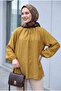Oversized Tulle Voile Blouse with Tie Collar and Half Buttons - Tan - 5