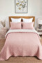 Square Pattern Double Bed Cover Set 100% Cotton Stone Washed 3 Piece Fiber Filled Soft Powder - 6