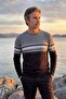 Men's Crew Neck Gray Sweater Knitwear Colorful Stripe Pattern Classic Fit - 5246C