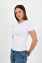 Women's White Crew Neck Side Gathered Basic T-Shirt - H6059 - 3