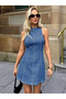 Women's Off-The-Shoulder Crew Neck Short Denim Dress - 2
