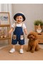 Teddy Bear Paw Printed Safari Hat and Snap Fastener on the Shoulder Badi 3-Piece Baby Boy Salopet Set