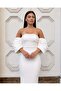 Flexible Scuba Fabric Strapless Draped Sleeve Stone and Tulle Detailed Evening Dress 583336 White - 3