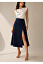 Dark Blue Slitted Loose Cut Woven Skirt - 2