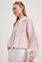 Muslin Blouse with Lace-Up Collar and Button Detail - 4