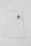 Girl's Long Sleeve T-Shirt with Floral Emblem Detail, Ages 3-7, Ecru - 8