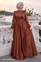 Cross Patterned Pleated Brown Satin Dress - 4
