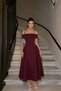 Burgundy Galadriel Madonna Collar Double Fabric Flared Midi Dress Tns-9003
