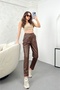 Women's Coffee Carrot Cut High Waist Leather Trousers - 3