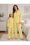 Mother-Daughter Cotton Milan Fabric Yellow Lemon Patterned Shirt Collar Buttoned Sleep Band Pajama Set