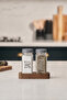 Set of 2 Glass Salt and Pepper Shakers with Wooden Stands |   120 ml |   Salt Pepper Labeled