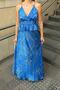 Blue Thin Straps Back Tie Shawl Pattern Women's Satin Midi Dress - 4