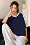 Navy Blue Body Color with White Stripes Single Jersey T-Shirt - Oversize Crew Neck Short Sleeve T-Shirt - 2