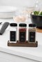 Set of 3 Glass Salt and Pepper Shakers with Wooden Stands, Black Lids and Labels