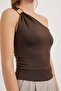 Women's Accessory One Shoulder Basic Brown Tight Crop Blouse - 4