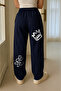 Graffiti Smk Axolotl Printed Oversize Wide Leg Navy Blue Relaxed Fit Women's Sweatpants - 4